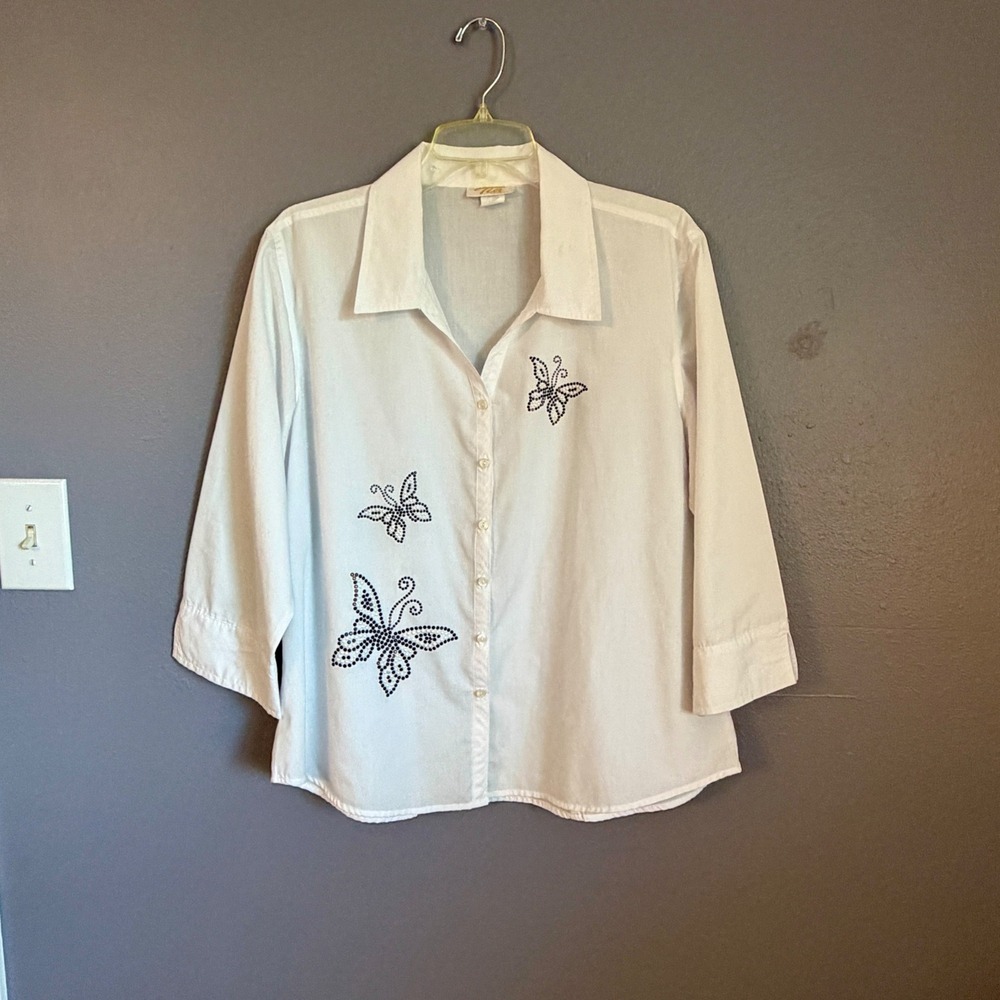 Tia Designs Womens White Butterfly Studded Button Down 3/4 Sleeve Blouse XL